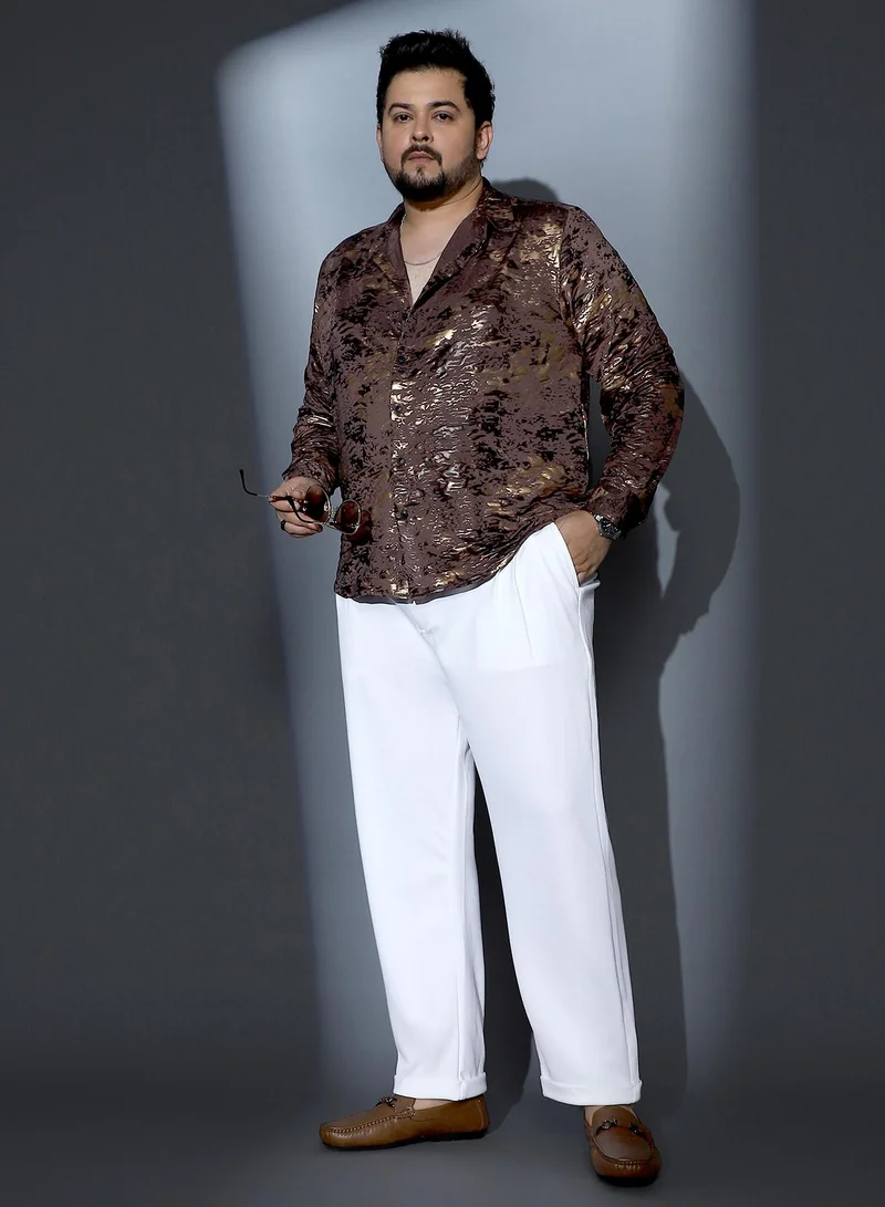Instafab Plus  Instafab Plus Men Camou-Foil Imprint Shirt | Spread Collar , Long Cuffed Sleeves | Button Closure , Curved Hem | Abstract Print Plain Material | Woven Fabric For Party & Evening Wear | Coffee Brown for Men | Best Price UAE