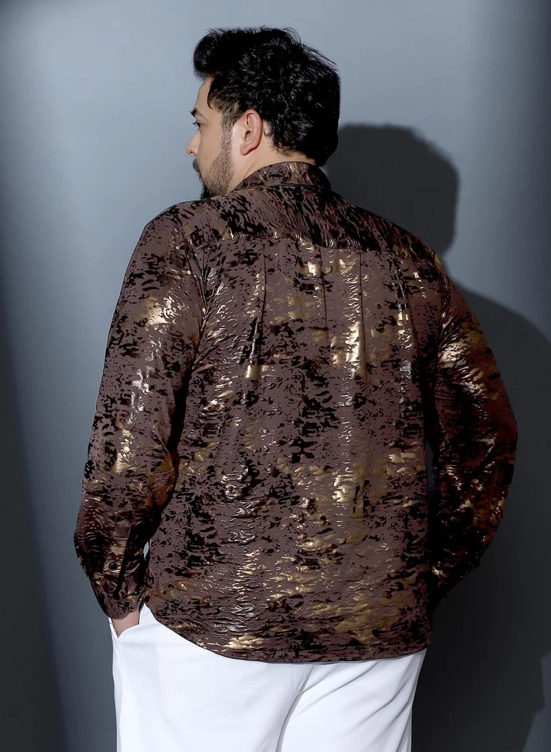 Instafab Plus  Instafab Plus Men Camou-Foil Imprint Shirt | Spread Collar , Long Cuffed Sleeves | Button Closure , Curved Hem | Abstract Print Plain Material | Woven Fabric For Party & Evening Wear | Coffee Brown for Men | Best Price UAE