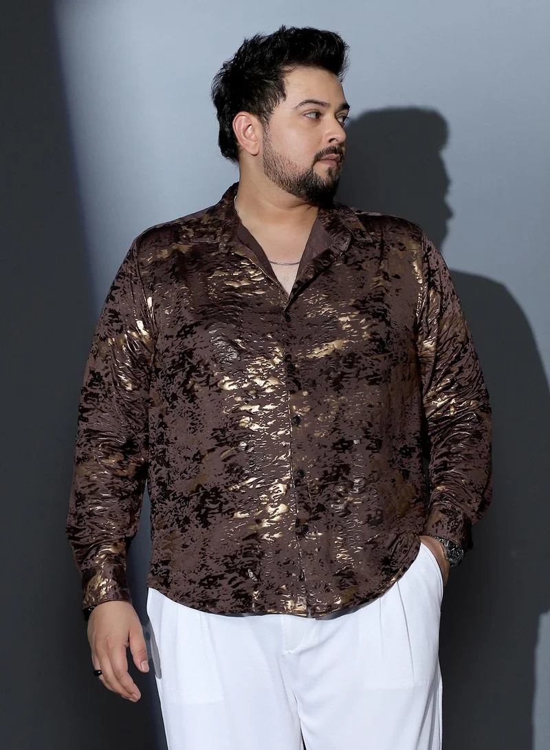 Instafab Plus Instafab Plus Men Camou-Foil Imprint Shirt | Spread Collar , Long Cuffed Sleeves | Button Closure , Curved Hem | Abstract Print Plain Material | Woven Fabric For Party & Evening Wear | Coffee Brown