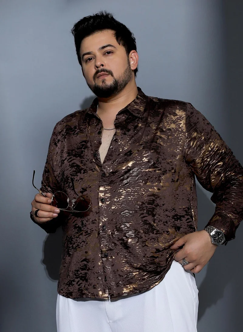 Instafab Plus Instafab Plus Men Camou-Foil Imprint Shirt | Spread Collar , Long Cuffed Sleeves | Button Closure , Curved Hem | Abstract Print Plain Material | Woven Fabric For Party & Evening Wear | Coffee Brown
