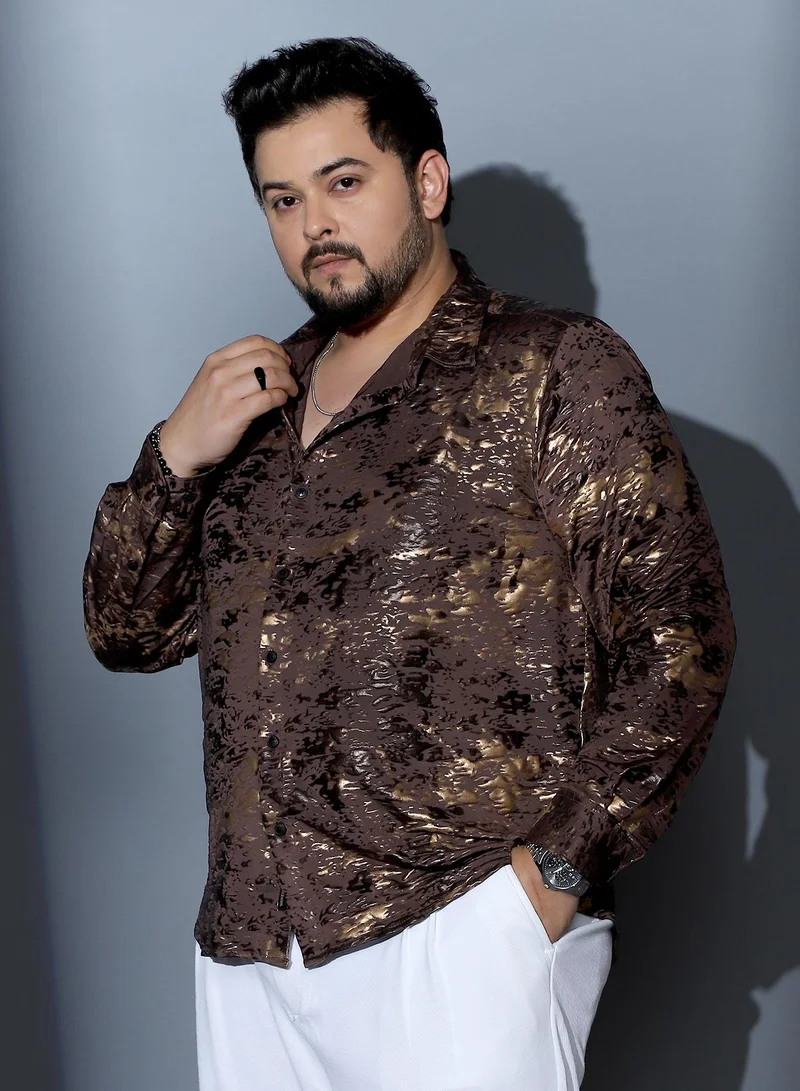 Instafab Plus  Instafab Plus Men Camou-Foil Imprint Shirt | Spread Collar , Long Cuffed Sleeves | Button Closure , Curved Hem | Abstract Print Plain Material | Woven Fabric For Party & Evening Wear | Coffee Brown for Men | Best Price UAE