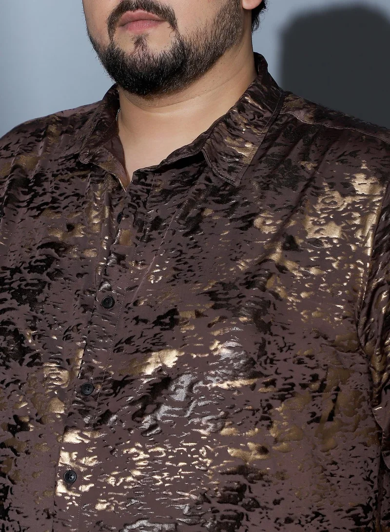 Instafab Plus  Instafab Plus Men Camou-Foil Imprint Shirt | Spread Collar , Long Cuffed Sleeves | Button Closure , Curved Hem | Abstract Print Plain Material | Woven Fabric For Party & Evening Wear | Coffee Brown for Men | Best Price UAE