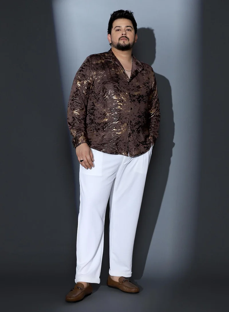 Instafab Plus  Instafab Plus Men Camou-Foil Imprint Shirt | Spread Collar , Long Cuffed Sleeves | Button Closure , Curved Hem | Abstract Print Plain Material | Woven Fabric For Party & Evening Wear | Coffee Brown for Men | Best Price UAE