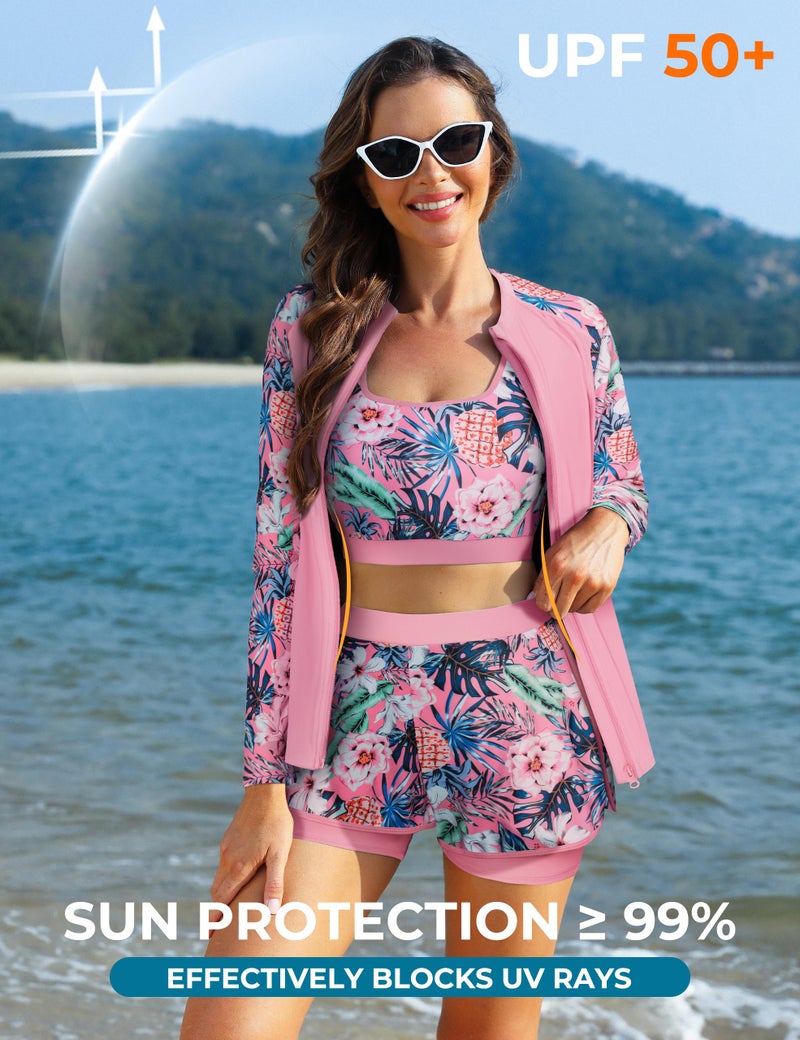 JASAMBAC 3 Piece Swimsuit for Women, Long Sleeve Rash Guard Swimsuits Bathing Suit 2026, UPF 50+ Swim Shirt Built in Bra & Boyshorts M - Image 2