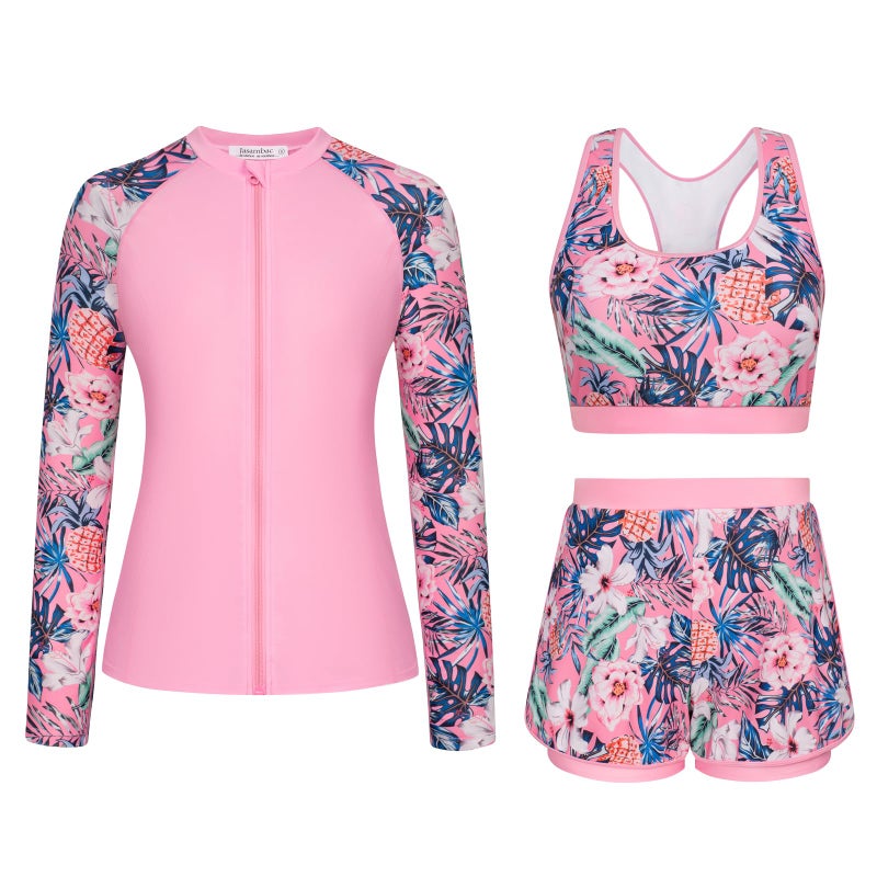 JASAMBAC 3 Piece Swimsuit for Women, Long Sleeve Rash Guard Swimsuits Bathing Suit 2026, UPF 50+ Swim Shirt Built in Bra & Boyshorts M - Image 1