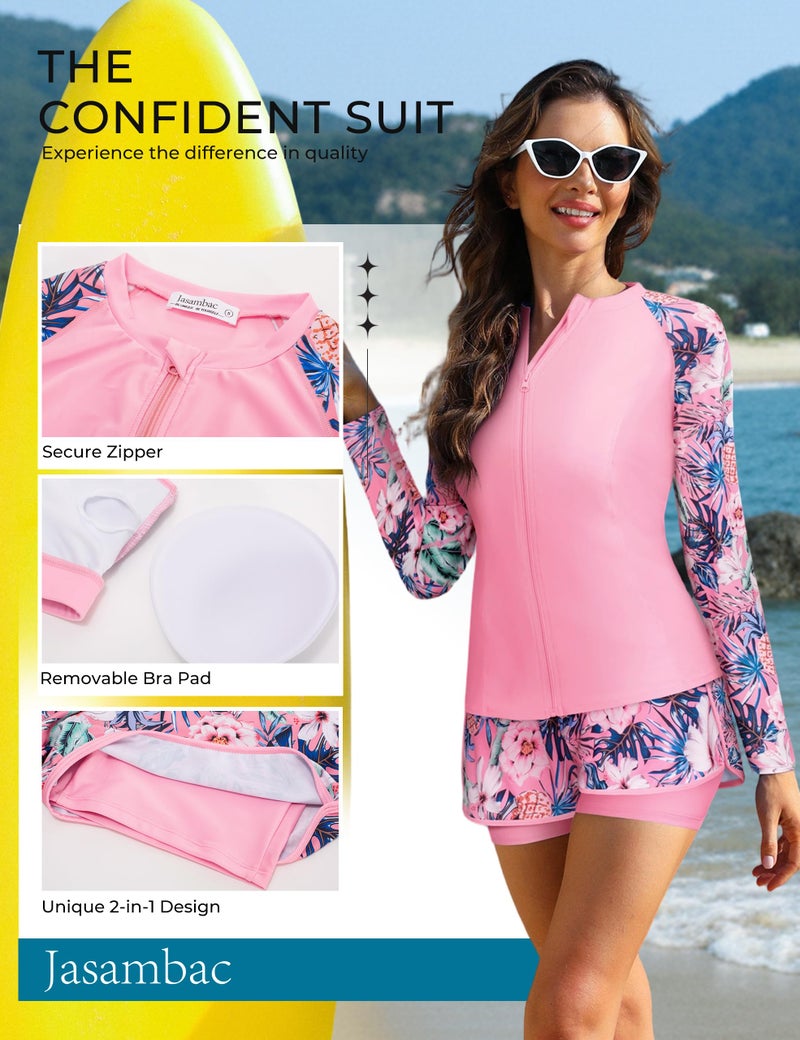 JASAMBAC 3 Piece Swimsuit for Women, Long Sleeve Rash Guard Swimsuits Bathing Suit 2026, UPF 50+ Swim Shirt Built in Bra & Boyshorts M - Image 4