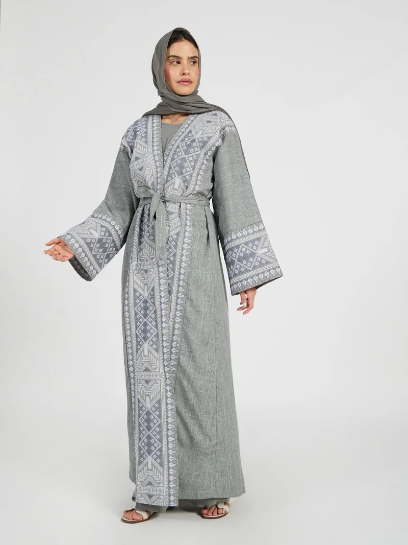 Reem Abayas Women's Grey Linen-Look Abaya with Geometric Palestinian Embroidery - Modest Open Front Kimono with Waist Tie - Elegant Ramadan & Eid Maxi Dress