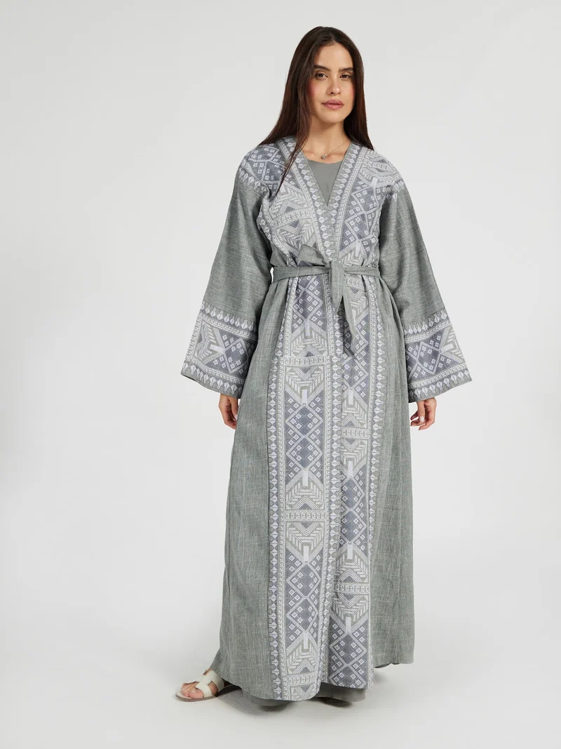 Reem Abayas Women's Grey Linen-Look Abaya with Geometric Palestinian Embroidery - Modest Open Front Kimono with Waist Tie - Elegant Ramadan & Eid Maxi Dress