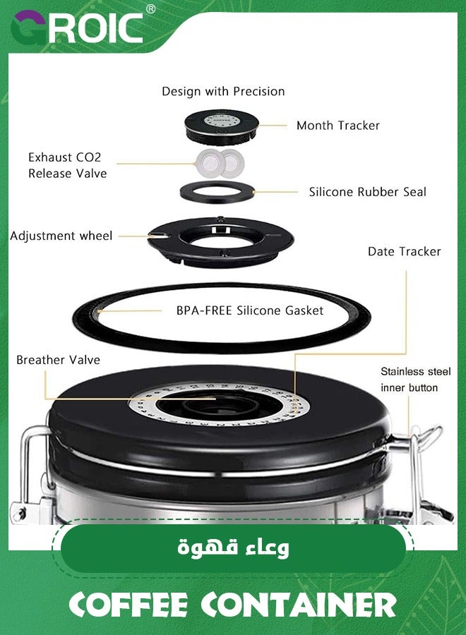 جرويك Coffee Container, 1200 ml Stainless Steel Coffee Bean Storage with Measure Spoon for Storage Coffee Bean Tea Nuts (Sliver) - Image 2