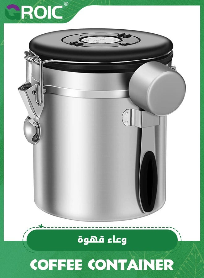 جرويك Coffee Container, 1200 ml Stainless Steel Coffee Bean Storage with Measure Spoon for Storage Coffee Bean Tea Nuts (Sliver) - Image 1