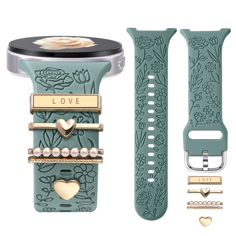 DaQin Flower Engraved Bands Compatible with Samsung Galaxy Watch 8 Band 40mm 44mm/Galaxy Watch 8 Classic 46mm, Soft Silicone Replacement Strap with Fancy Decorative Charms Accessories for Women - Image 1