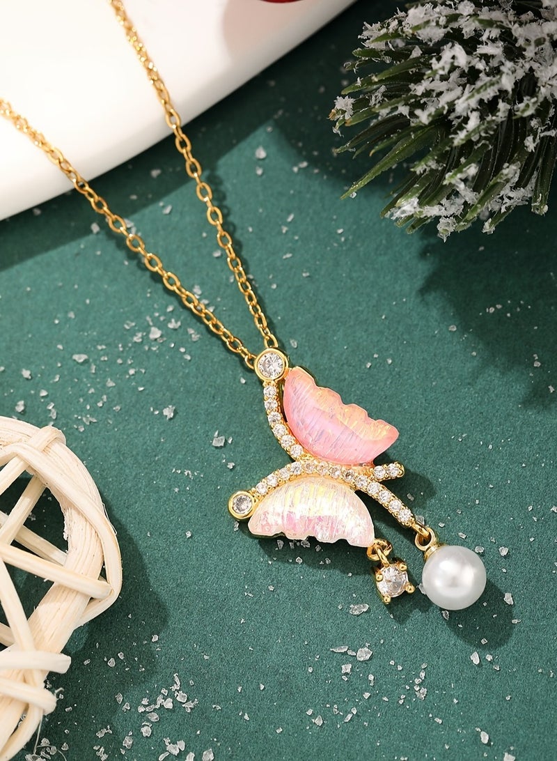 Rwnq Elegant Stainless Steel Butterfly Necklace with White Pearl and Sparkling Zirconia Stones - Luxurious women's necklace with a delicate and modern design, perfect for gifts and special occasions. _ Women's Necklace _ Women's Accessories - Necklace - Necklace for Women - Image 1