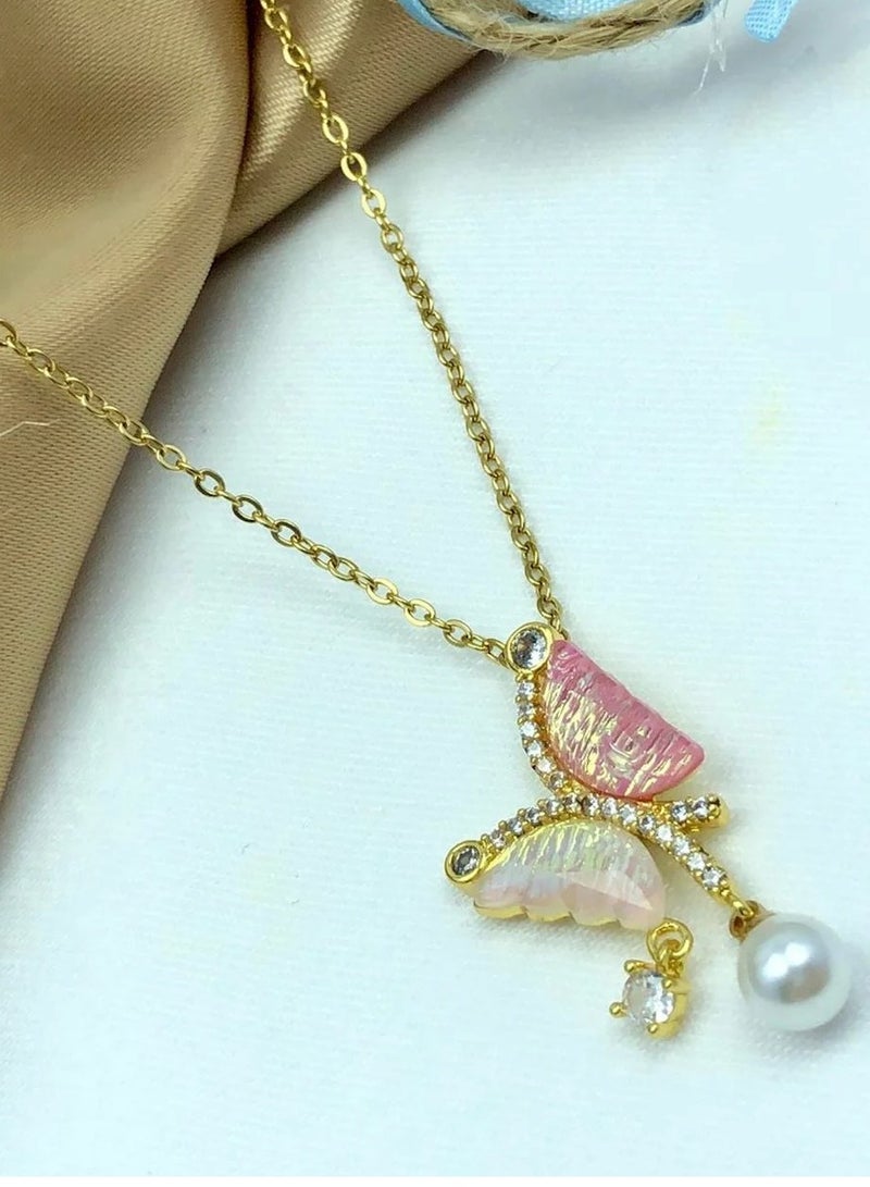 Rwnq Elegant Stainless Steel Butterfly Necklace with White Pearl and Sparkling Zirconia Stones - Luxurious women's necklace with a delicate and modern design, perfect for gifts and special occasions. _ Women's Necklace _ Women's Accessories - Necklace - Necklace for Women - Image 2
