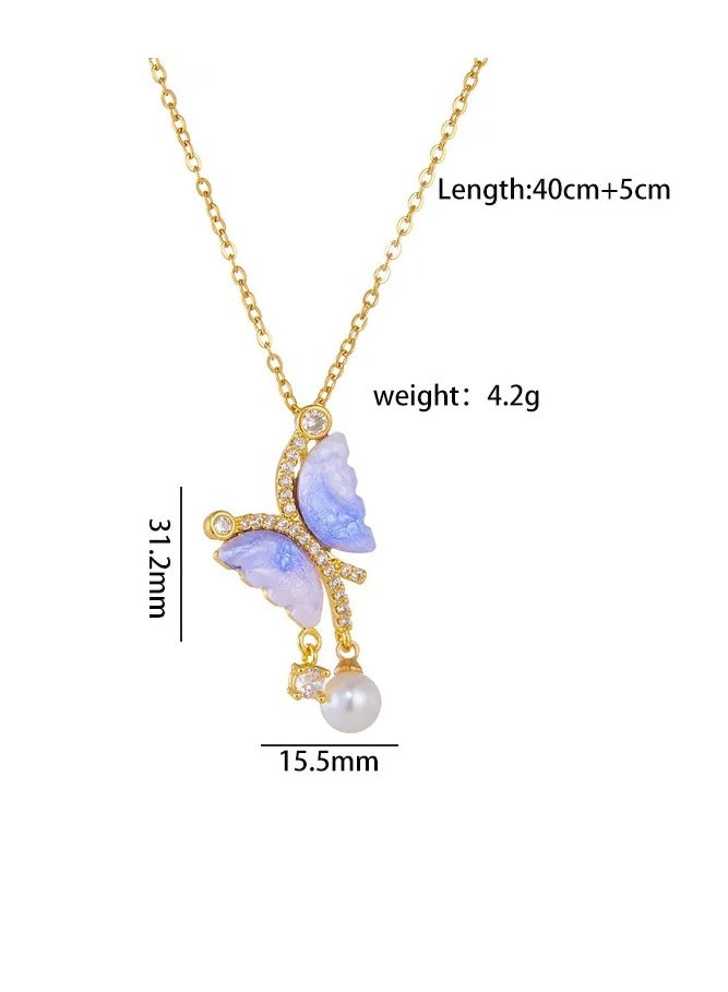 Rwnq Elegant Stainless Steel Butterfly Necklace with White Pearl and Sparkling Zirconia Stones - Luxurious women's necklace with a delicate and modern design, perfect for gifts and special occasions. _ Women's Necklace _ Women's Accessories - Necklace - Necklace for Women - Image 3