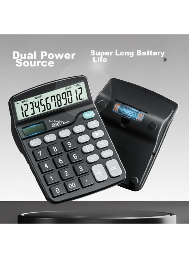 Deli Dual Power Desktop Office Calculator, 12-digit Large Screen Desktop Calculator, Office Stationery Supplies, 837es - Image 1