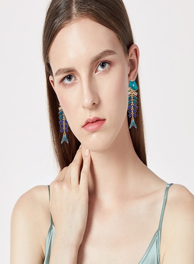 KVANU Creative Exaggerated Long Colorful Sparkly Crystal Fish Bone Dangle Drop Earrings Vintage Gold Cute Enamel Diamond Animal metal Stud Earrings (Green) - Image 4
