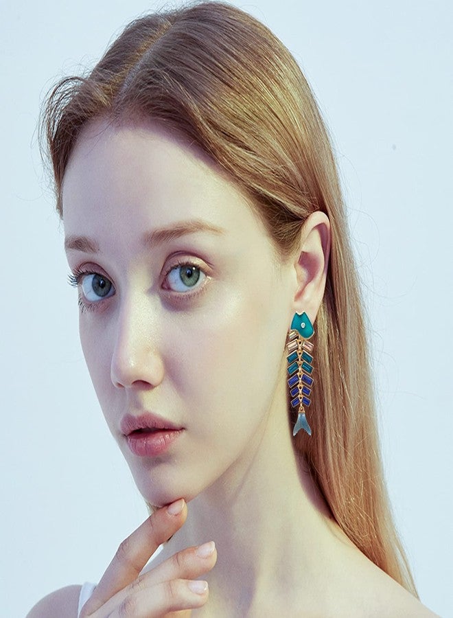 KVANU Creative Exaggerated Long Colorful Sparkly Crystal Fish Bone Dangle Drop Earrings Vintage Gold Cute Enamel Diamond Animal metal Stud Earrings (Green) - Image 3