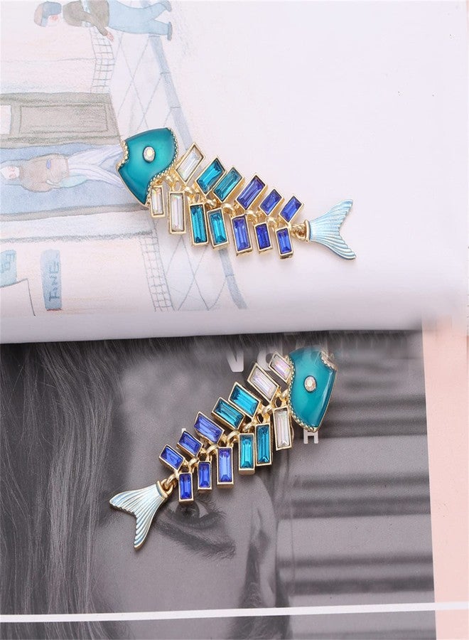KVANU Creative Exaggerated Long Colorful Sparkly Crystal Fish Bone Dangle Drop Earrings Vintage Gold Cute Enamel Diamond Animal metal Stud Earrings (Green) - Image 5