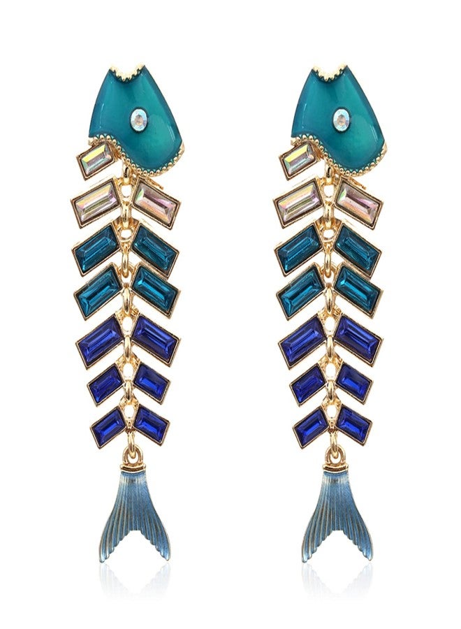 KVANU Creative Exaggerated Long Colorful Sparkly Crystal Fish Bone Dangle Drop Earrings Vintage Gold Cute Enamel Diamond Animal metal Stud Earrings (Green) - Image 1