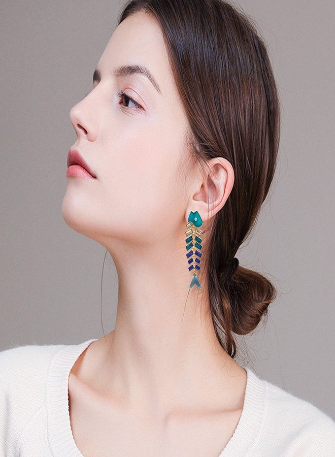 KVANU Creative Exaggerated Long Colorful Sparkly Crystal Fish Bone Dangle Drop Earrings Vintage Gold Cute Enamel Diamond Animal metal Stud Earrings (Green) - Image 2