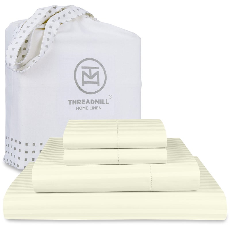 Threadmill 100 Cotton Sheets for Cal King Size Bed  600 Thread Count Cal King Bed Sheets Set with 16 Deep Pocket  Damask Stripe Sateen Weave 4Piece Bedding Set with Cooling Effect Ivory