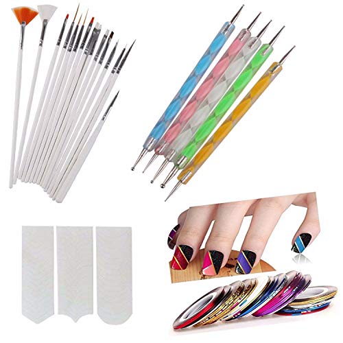 FOK Nail Art Paint Kit ( Nail Brush Set 15 pc , 2 Way Marbleizing Dotting Pen 5 pc, Nail Striping Tape 10 pc , French Manicure Nail Art Tip Guide Sticker 1 pc ) - Set of 31 PiecesFrench Manicure Nail Art Tip Guide Sticker - Image 1