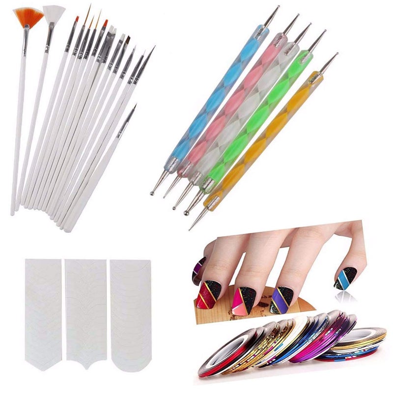FOK Nail Art Paint Kit ( Nail Brush Set 15 pc , 2 Way Marbleizing Dotting Pen 5 pc, Nail Striping Tape 10 pc , French Manicure Nail Art Tip Guide Sticker 1 pc ) - Set of 31 PiecesFrench Manicure Nail Art Tip Guide Sticker - Image 2