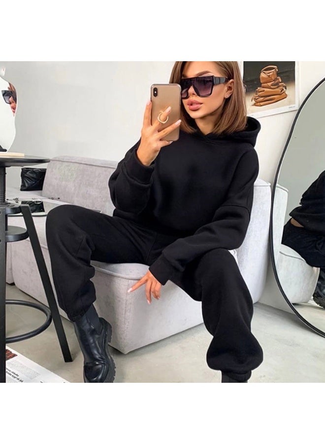 NIBEMINENT Pullover Hooded Tracksuit Women Two Pieces Pant Sets Sweatshirts Pockets Pants Suit Thick Elastic Waist Spliced Sporty Autumn - Image 1