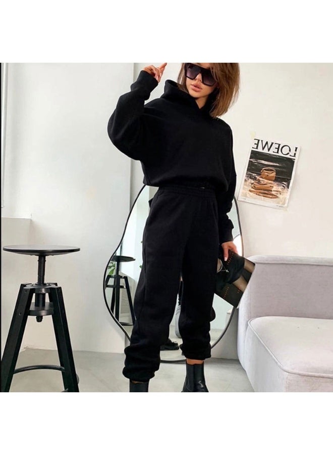 NIBEMINENT Pullover Hooded Tracksuit Women Two Pieces Pant Sets Sweatshirts Pockets Pants Suit Thick Elastic Waist Spliced Sporty Autumn - Image 2