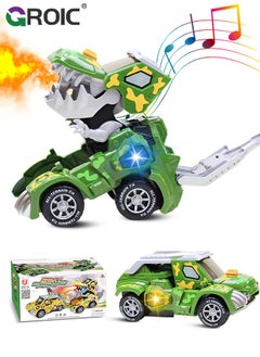 Transforming Dinosaur Car with LED Light Music and Spray Effect, Automatic Transform Dino Spray Car 360-Degree Rotating Universal Induction Spray Light Music Dinosaur Car Toy for Kids