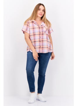Swiss Alps Women Spread Collar Short Sleeve Plaid Casual Shirt, Peach  - Image 4