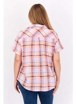 Swiss Alps Women Spread Collar Short Sleeve Plaid Casual Shirt, Peach  - Image 3