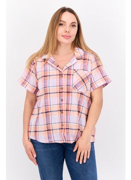 Swiss Alps Women Spread Collar Short Sleeve Plaid Casual Shirt, Peach  - Image 1