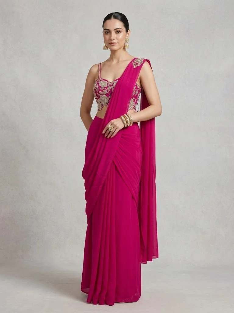 VINY Rani Pink Embroidered Saree Set – Women's Indian Ethnic Wear