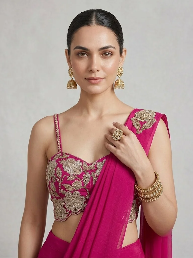 Viny VINY Rani Pink Embroidered Saree Set – Women's Indian Ethnic Wear