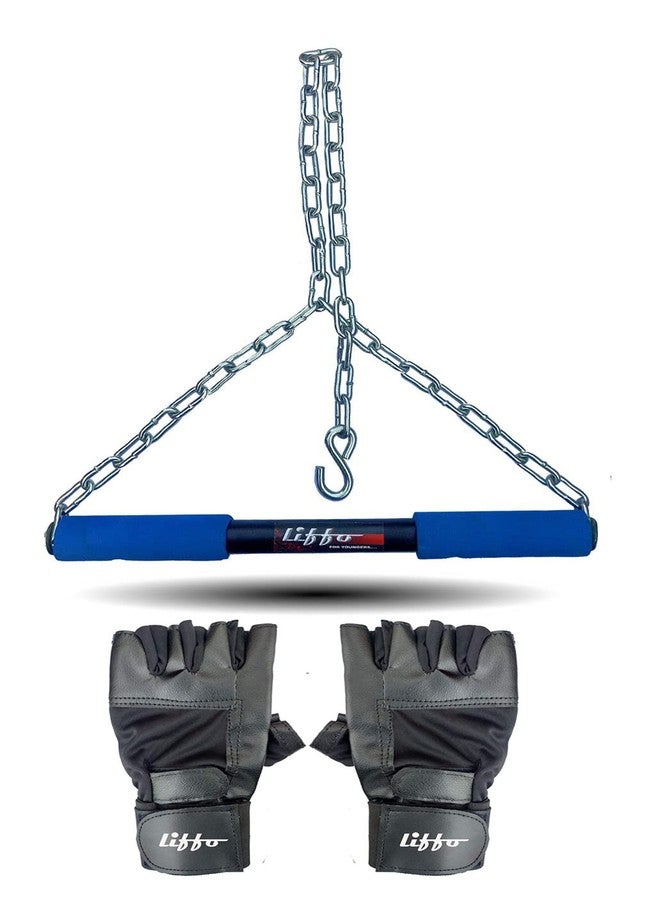Liffo® Pull Up Bar Hanging Rod For Height Increase Heavy Duty For Kids,Adult With Weight Lifting Gloves (4FT) Blue - Image 1