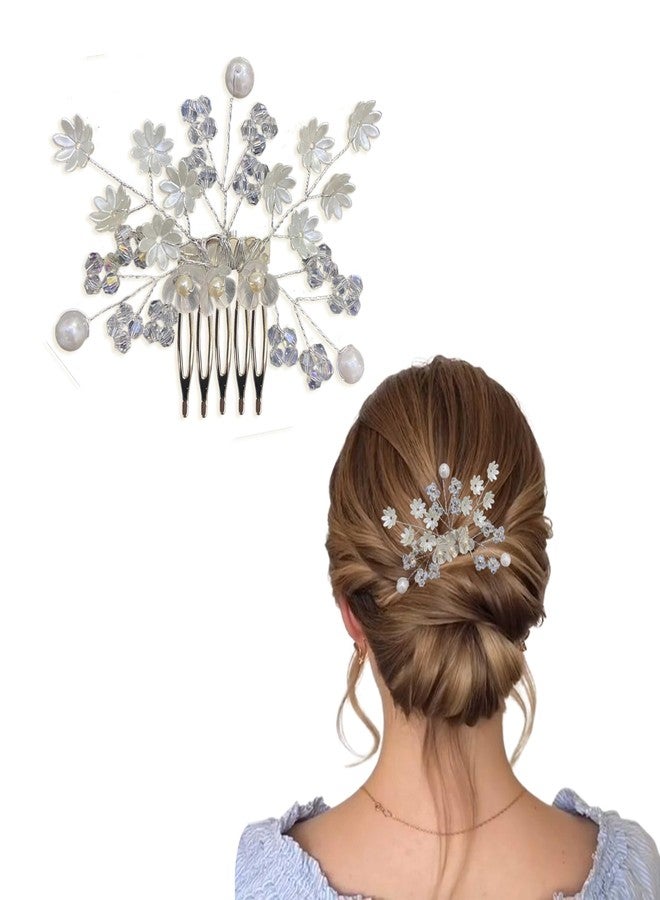 LYKAA Hair Comb Clip for Women & Girls with Pearl & Crystal | Bridal Wedding Hair Accessories | Elegant Rhinestone Side Comb Pin for Bun, Juda, Party, Festive & Occasion Hairstyle | 1 Pc (Silver) - Image 1