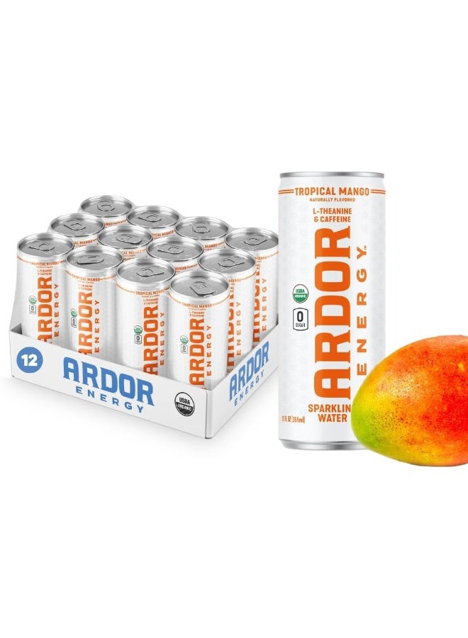 Ardor مياه ARDOR ENERGY الفوارة بنكهة المانجو الاستوائية مع 100 ملغ من الكافيين الطبيعي و200 ملغ من L-Theanine من الشاي الأخضر العضوي لطاقة سلسة وتركيز | مشروب طاقة صحي | بدون سكر، صفر سعرات حرارية، نباتي، خالي من الغلوتين | عبوة من 12 علبة (12 أونصة) - Image 1