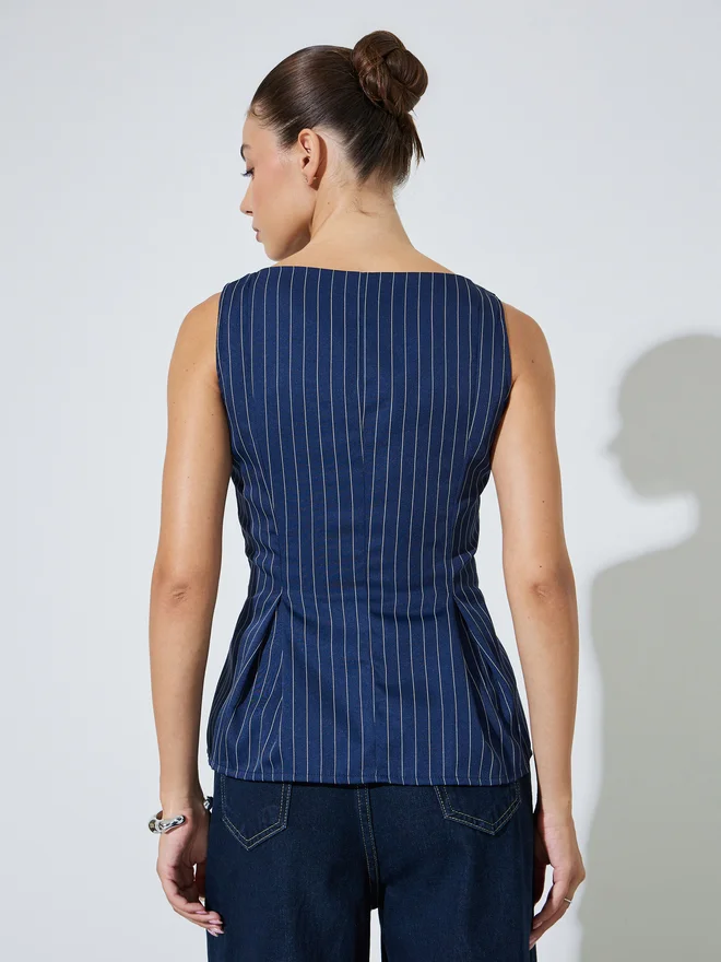 Styli blue Styli Navy Blue Striped Sleeveless Peplum Top for Women | Best Price UAE