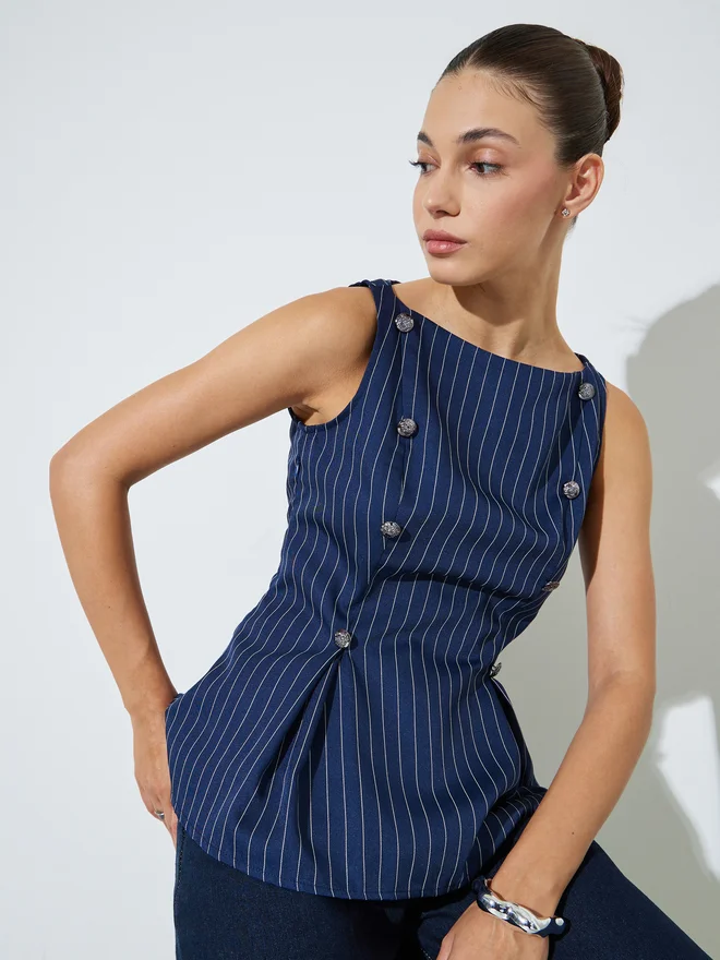 Styli Navy Blue Striped Sleeveless Peplum Top