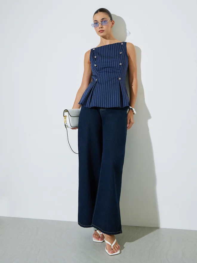 Styli blue Styli Navy Blue Striped Sleeveless Peplum Top for Women | Best Price UAE
