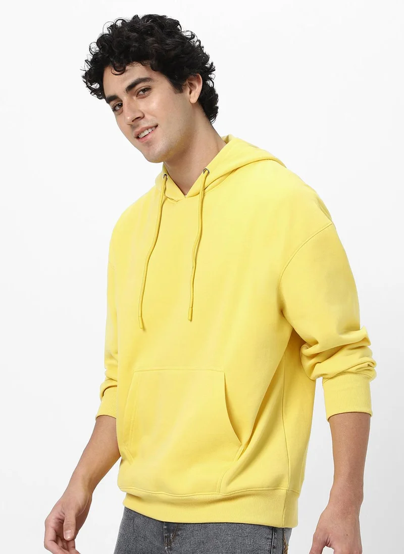 Urbano Fashion Men's Sun Yellow Cotton Solid Oversized Hooded Neck Sweatshirt
