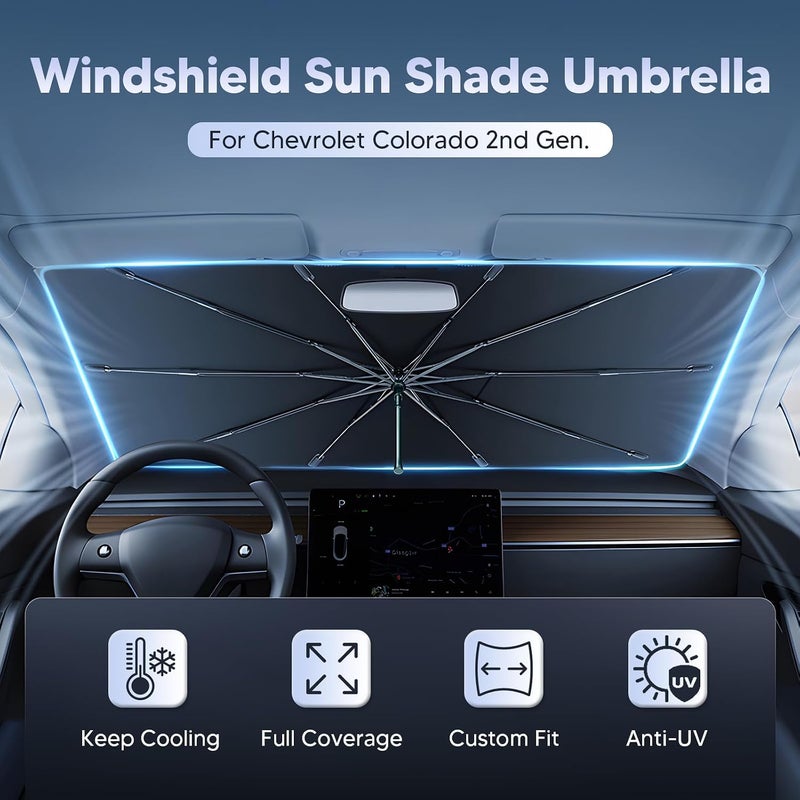 Autorder Windshield Sun Shade Umbrella for 2015-2020 2021 2022 Chevy Chevrolet Colorado Accessories Foldable Umbrella Sunshade for Car Windshield Front Window UV Rays Block Sun Protection - Image 2