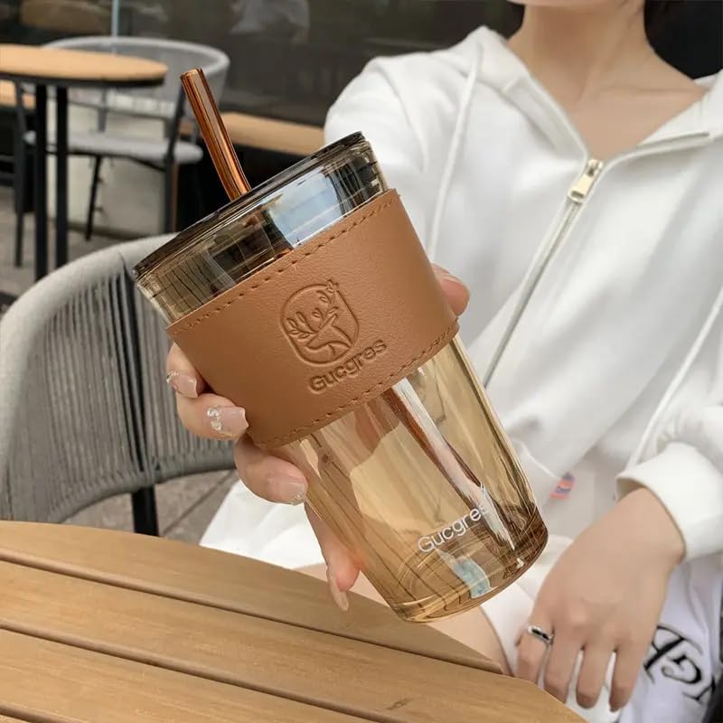 KELVEE Glass Coffee Sipper Mug with Leather Grip Pack of 1, 450ml Clear Drinking Glasses Tumblers with Straws and Lids for Iced Tea, Juice, Cocktail, Smoothies Drinks Cups (Brown - 400ml) - Image 2