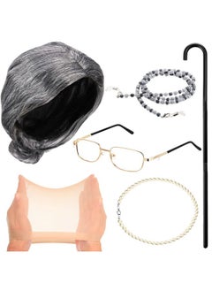 Tatuo 6 Pcs Old Lady Costume for Women Cosplay Grandma Costume Set Granny Wig Walking Cane Grandma Glasses Necklace(Offwhite)  - Image 1