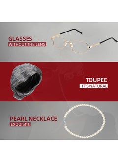 Tatuo 6 Pcs Old Lady Costume for Women Cosplay Grandma Costume Set Granny Wig Walking Cane Grandma Glasses Necklace(Offwhite)  - Image 4