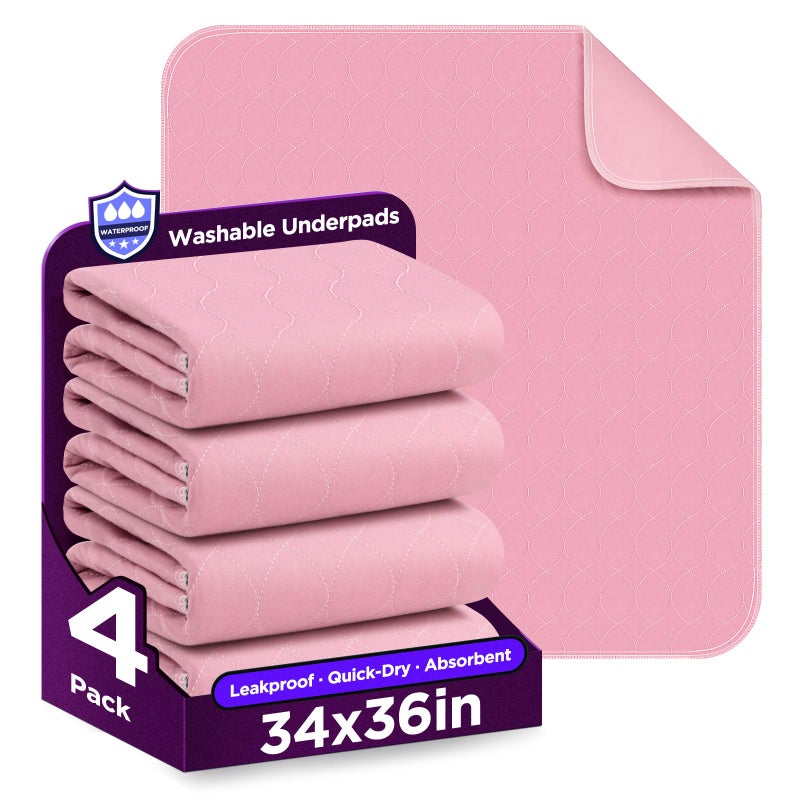 Brosive Washable Bed Pads 34" x 36" - 4 Pack, Pink, Waterproof Bed Pads for Incontinence, Bed Wetting Pads for Bed, Sofa, Floor, Resuable Underpads for Adults, Seniors, Pet - Image 1