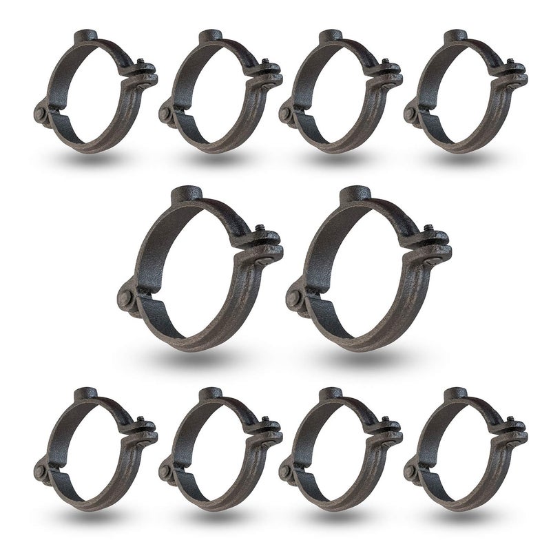 HIGHCRAFT HINGB1210 Industrial Decor Hinged Split Ring Pipe Hanger 12 in Malleable Iron with 38 in Rod Fitting Vintage Mounting Bracket for Tubing Shower Curtain Tiki Torch 10 Pack