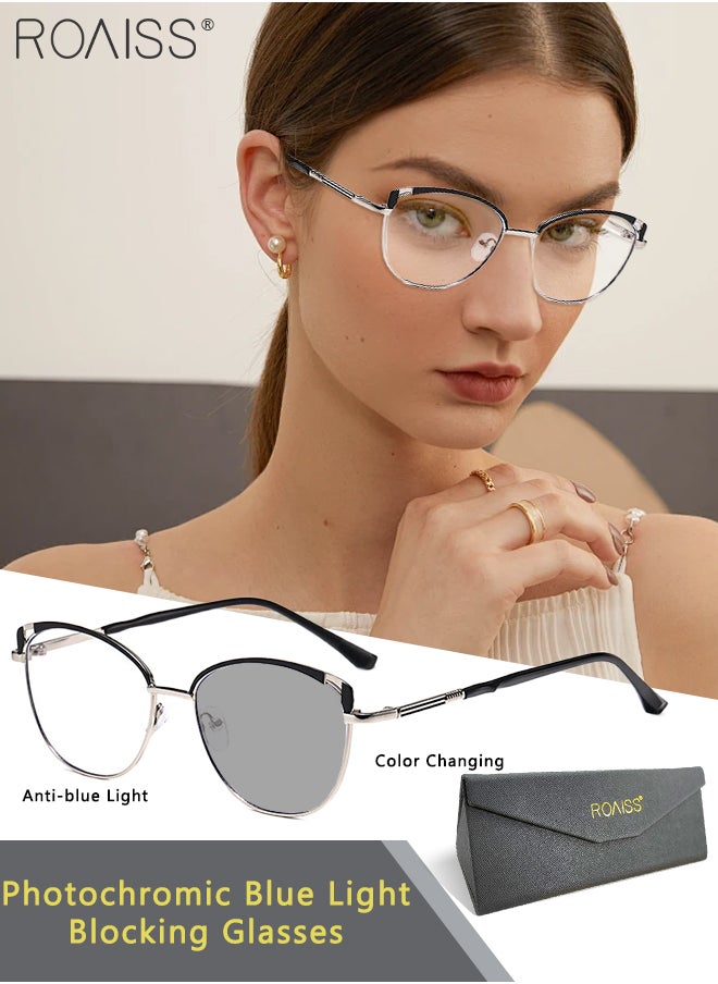 roaiss Women's Blue Light Blocking Sunglasses Anti UV and Glare Blue Light Filter Computer Glasses Cat Eye Color Changing Anti Eyestrain Headache Eyewear Black Silver  - Image 1