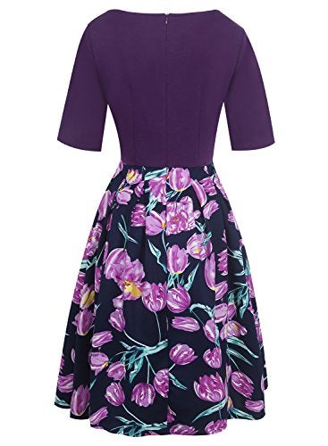 oxiuly Women's Vintage Patchwork Pockets Puffy Swing Casual Party Dress OX165 (Purple, x_l) - Image 4